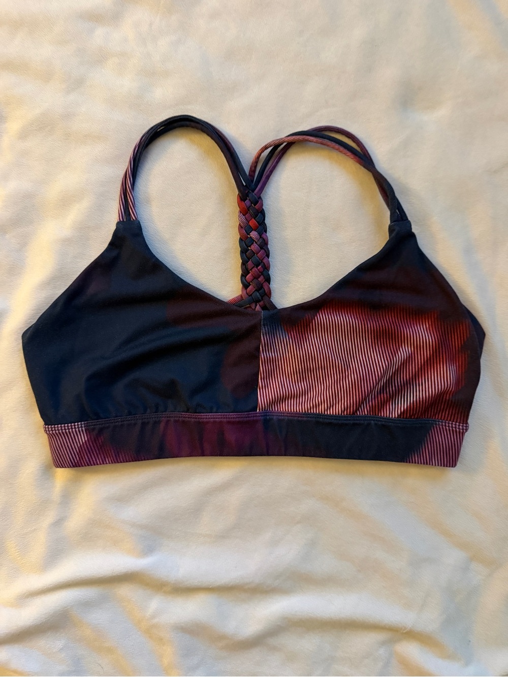 LAB JOY Medium Sports Bra Black Burgundy Braided Racerback Strappy